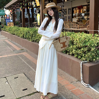 [Vacation] Chiffon Shirt + High-waisted Long Skirt Set