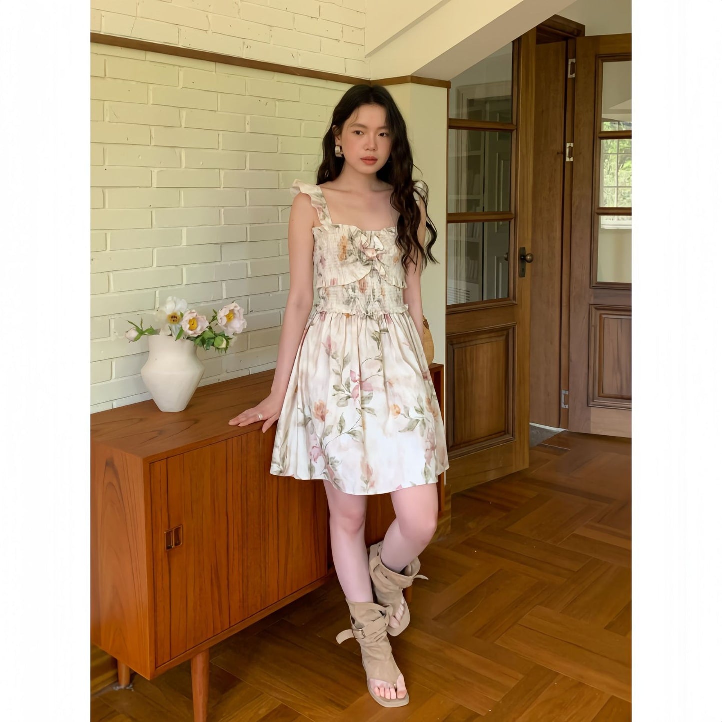 [Vacation] French Romantic Flower Pleated Dress
