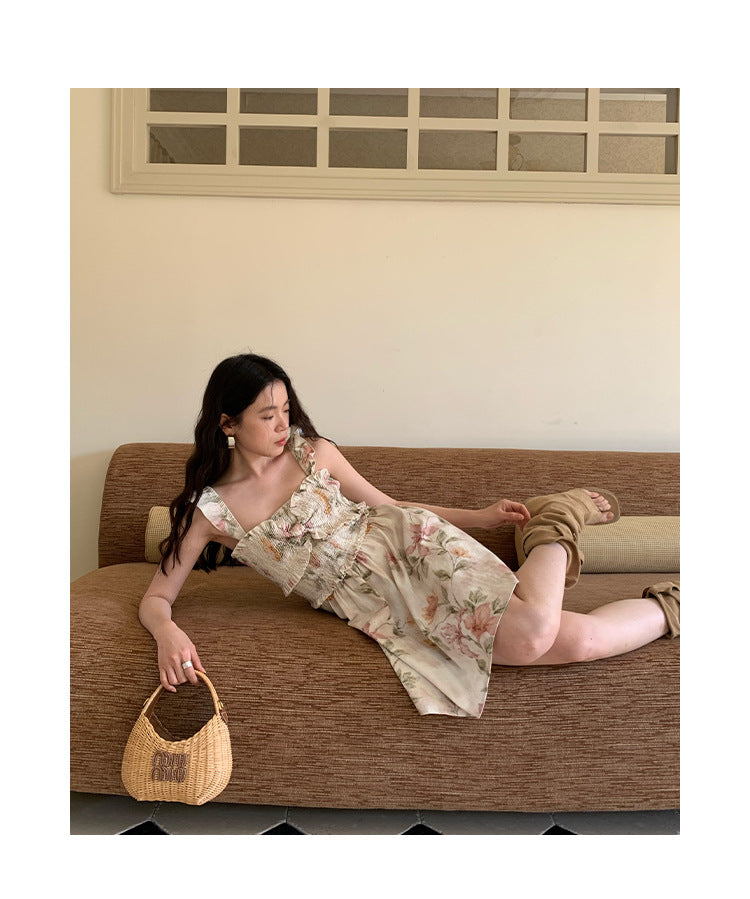 [Vacation] French Romantic Flower Pleated Dress