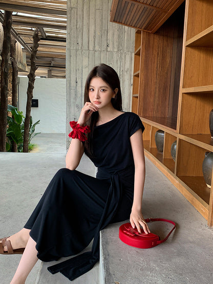[Versatile] Waist Tie Design Short-Sleeve Long Dress