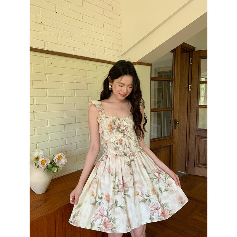 [Vacation] French Romantic Flower Pleated Dress