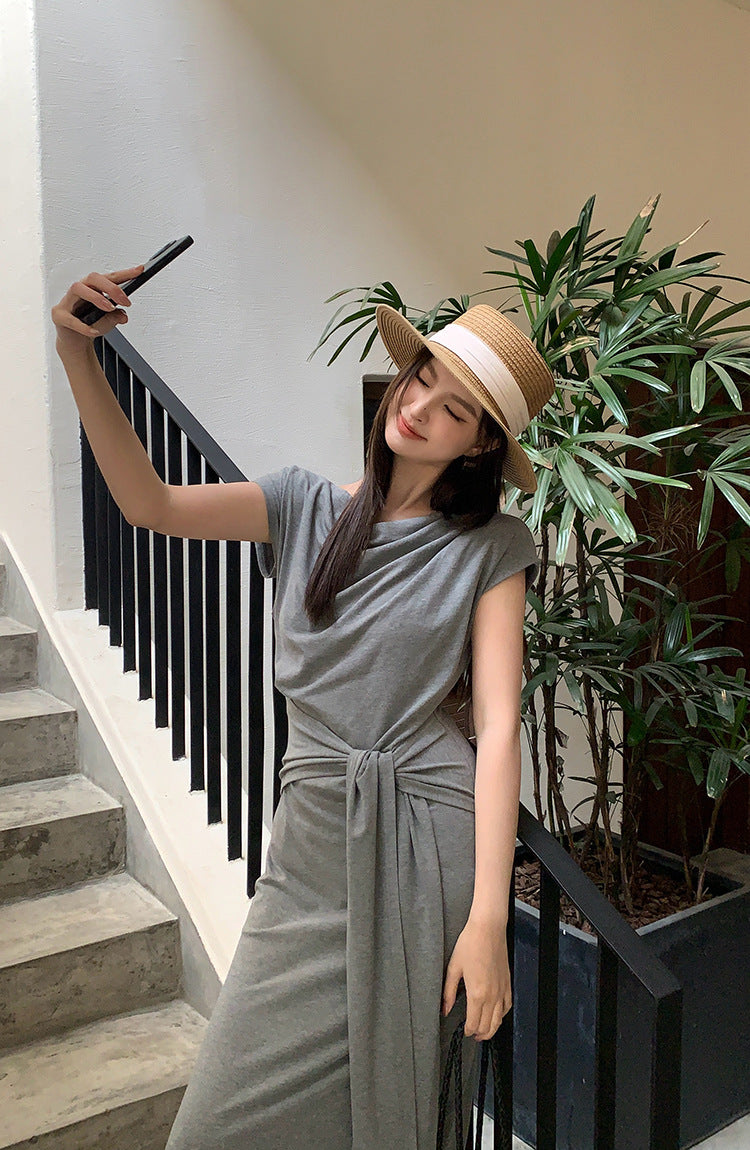 [Versatile] Waist Tie Design Short-Sleeve Long Dress
