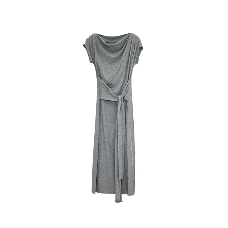 [Versatile] Waist Tie Design Short-Sleeve Long Dress