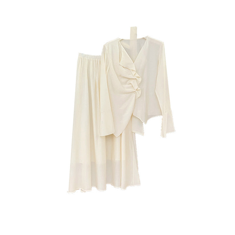 [Vacation] Chiffon Shirt + High-waisted Long Skirt Set