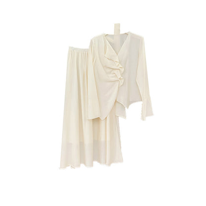 [Vacation] Chiffon Shirt + High-waisted Long Skirt Set