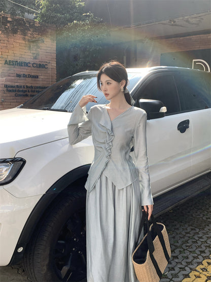 [Vacation] Chiffon Shirt + High-waisted Long Skirt Set