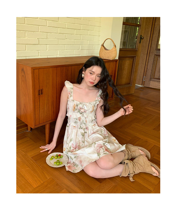 [Vacation] French Romantic Flower Pleated Dress