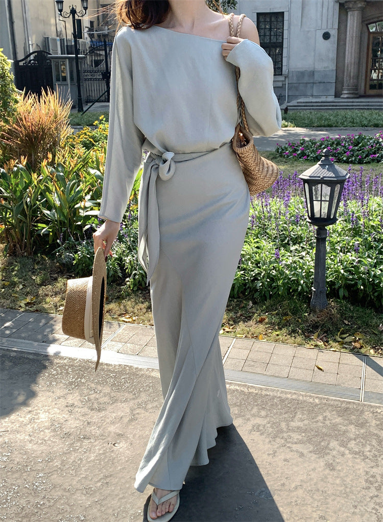 [Elegant] Spring Chiffon Shirt + High-waisted A-Line Long Skirt Set