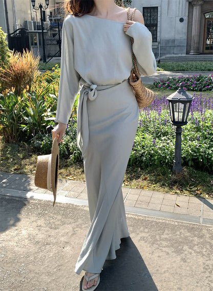 [Elegant] Spring Chiffon Shirt + High-waisted A-Line Long Skirt Set