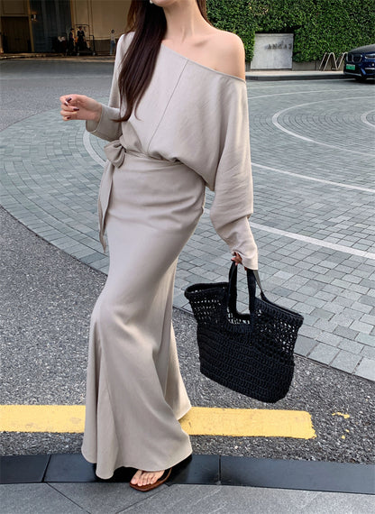 [Elegant] Spring Chiffon Shirt + High-waisted A-Line Long Skirt Set