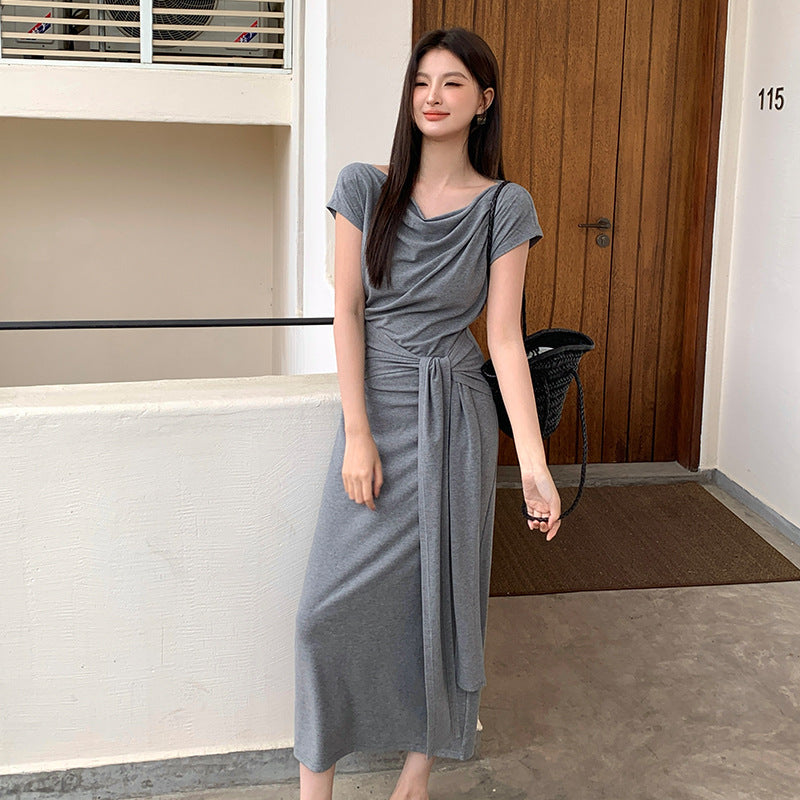 [Versatile] Waist Tie Design Short-Sleeve Long Dress