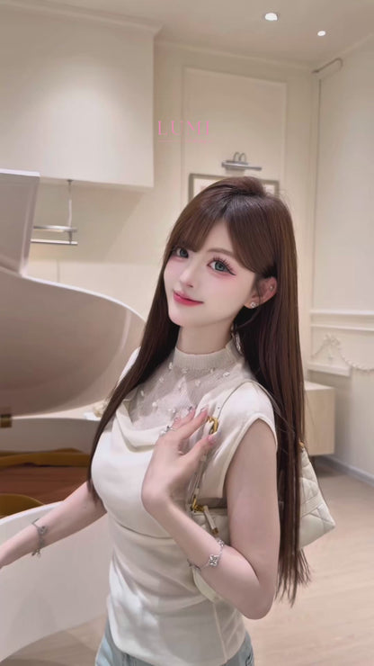 [Luxury] Handmade Pearl Cowl Neck Knit Top (QF033)